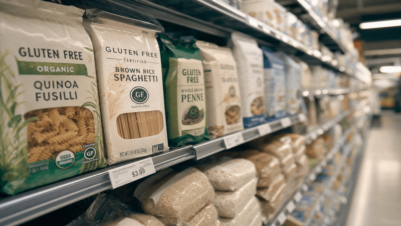Grocery store aisle showing gluten-free pasta products with certification labels on the shelf