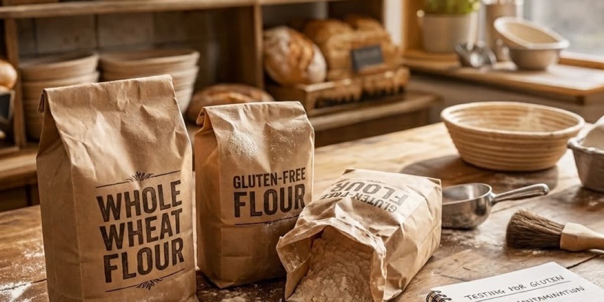 Flour on a bakery counter with wheat and gluten-free flour side by side, illustrating cross-contamination risk