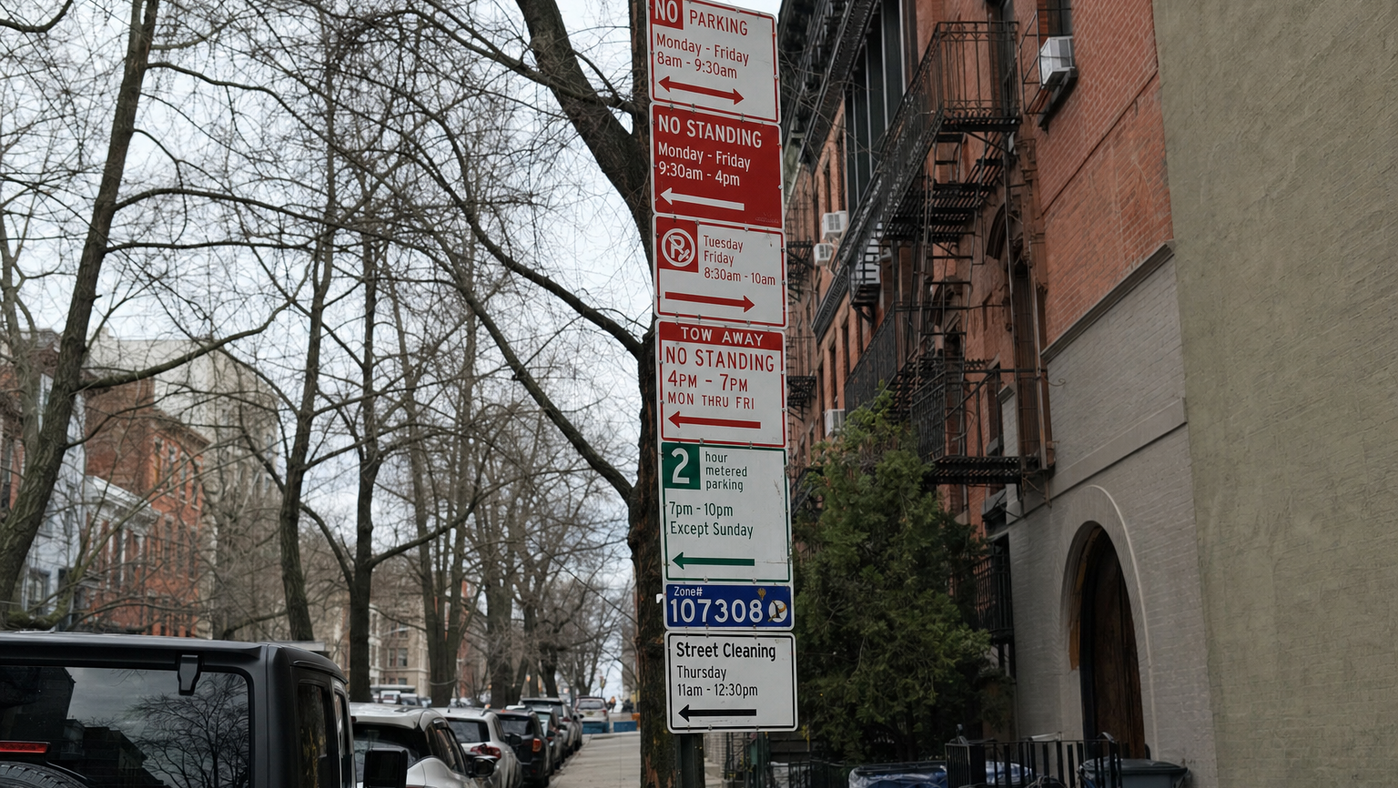 A cluster of New York City parking regulation signs stacked on a single pole with conflicting time restrictions