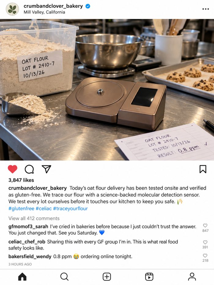 Instagram post from crumbandclover_bakery showing Minim Science gluten test results — 0.8 ppm, verified gluten-free